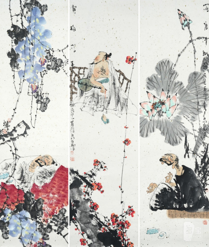    白羽 花卉人物三屏